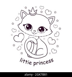 Cute little kitten wearing a crown. Black and white, linear drawing. Vector Stock Vector