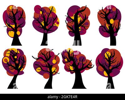 Autumn trees set isolated on white background. Collection of autumn trees, oaks, maples and chestnuts. Design of posters, banners and promotional mate Stock Vector