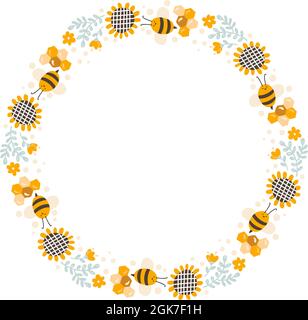 Cute kids honey wreath with sunflower and bee in flat frame vector scandinavian style. Baby illustation frame with place for text for content Stock Vector