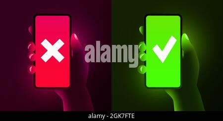 Hand holds smartphone with check mark and cross icon symbol on screen. Yes and No buttons. Green right and red wrong sign. Futuristic neon style. Vector illustration Stock Vector