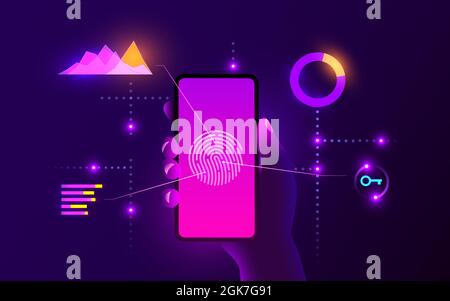 Mobile data security concept. Hand holding mobile smartphone with fingerprint scanner. Internet security. Fingerprint access, fingerprint on smartphone screen. Stock Vector
