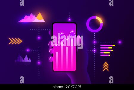 Futuristic hi tech mobile technology concept. Market trend graphs analysis on smartphone. Hand holds phone. Infographic and statistics on screen. Landing page template Stock Vector