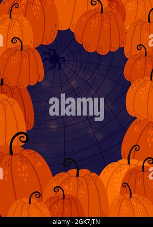 Happy Halloween banner or party invitation background with violet fog clouds and pumpkins in paper cut style. Full moon in orange sky, spiders web and Stock Photo