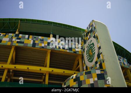 LISBON, PORTUGAL - Jul 13, 2021: A low angle shot of the Sporting Clube de Portugal logo and stadium Stock Photo