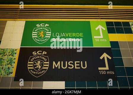 LISBON, PORTUGAL - Jul 13, 2021: A closeup of outdoor signs for the entrance to the SCP museum and store Stock Photo