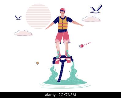 Man flying on flyboard, vector illustration. Flyboarding, extreme water sports, beach activities. Flyboard water jetpack Stock Vector