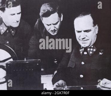At the command post of the Western Front in the fall of 1941. In the photo - G.K. Zhukov, N.A. Bulganin, V.D. Sokolovsky. Stock Photo