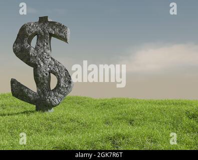 A rock in the shape of a Dollar icon stands on a lush meadow, 3d rendering Stock Photo