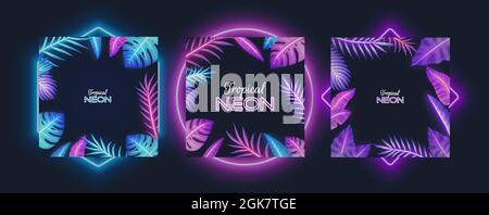 Purple neon frame set with tropical plants, palm tree leaves. Tropic exotic jungle floral borders, vector illustration. Stock Vector