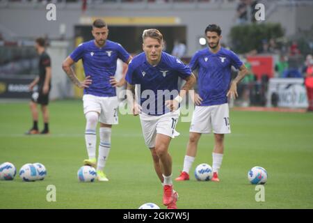 Milan, Italy. 12th Sep, 2021. Ciro Immobile of SS Lazio training before the Serie A football match between Milan and Lazio at the Giuseppe Meazza Stadium in Milano on September 12, 2021. (Photo by Mairo Cinquetti/Pacific Press) Credit: Pacific Press Media Production Corp./Alamy Live News Stock Photo