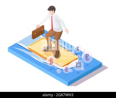 Surfer businessman with suitcase riding gold ingot on ocean wave, vector isometric illustration. Investing in gold. Stock Vector