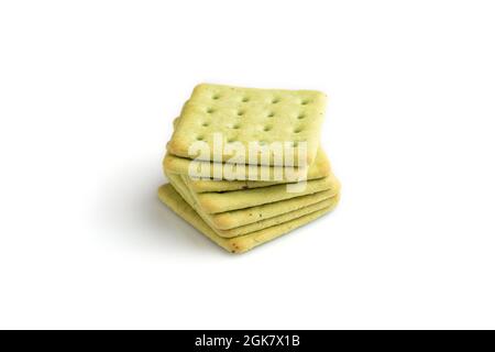 Green cracker pile isolated on white background. side view, close up. Stock Photo