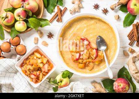 Apple pie with ingredients for cooking top view. Stock Photo