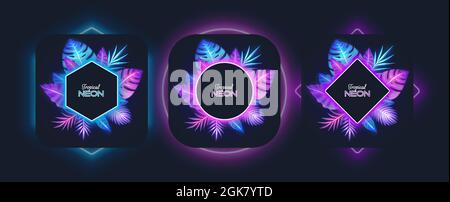 Glowing neon frames with tropical exotic plant, palm tree leaves. Jungle foliage borders, banners, vector illustration. Stock Vector