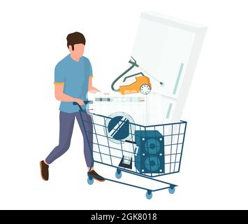 Man with shopping cart full of home appliances, vector illustration. Electronics purchase concept. Stock Vector