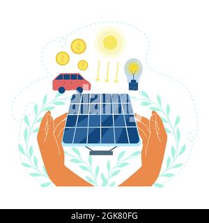Human hands holding solar panel with dollar coin and light bulb connected to solar panel. Solar energy concept vector illustration Stock Vector