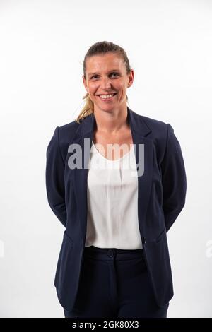 Oostende's assistant coach Gaelle Bouzin poses at a photoshoot of Belgian Basketball team Filou Oostende, ahead of the 2021-2022 EuroMillions League, Stock Photo