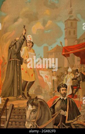 Spanish Inquisition. Auto-da-fe. Condemned in the scaffold wearing the ...