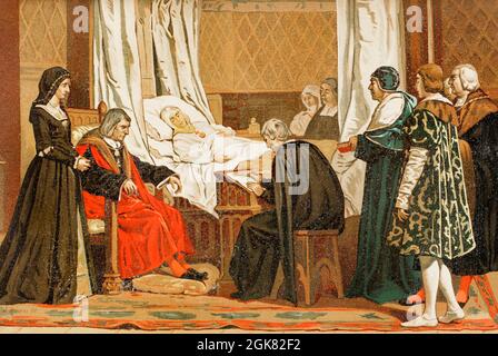 Isabella I (1451-1504), Queen of Castile (1474-1504). Queen consort of Sicily and Aragon for her marriage to Ferdinand II of Aragon. Queen Isabella the Catholic dictating her Will. Isabella is shown dictating her last will and testament at Medina del Campo on October 12, 1504, just days before she died. Illustration, copy of the Eduardo Rosales painting. Chromolithography. Historia General de España (General History of Spain), by Miguel Morayta. Volume III. Madrid, 1890. Stock Photo