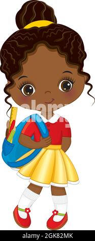 Cute Little School African American Girl Holding Rucksack with Accessories. Vector Cute School Black Girl  Stock Vector