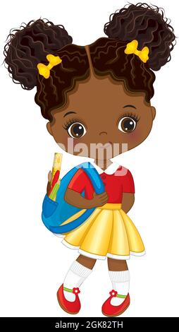 Cute Little School African American Girl Holding Rucksack with Accessories. Vector Cute School Black Girl  Stock Vector