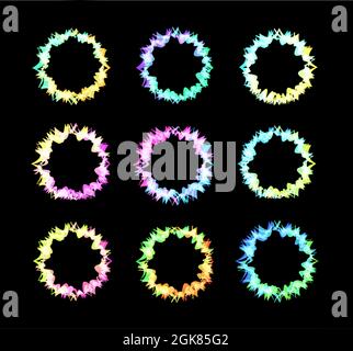 Spiny blossom, abstract barbed round color frame set for banner, flyer, poster, advertising graphic background design label template, vector Stock Vector