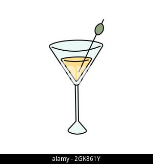 Martini glass with olives in doodle style. Cute cartoon cocktail. Vector illustration isolated on white background Stock Vector
