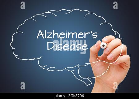 Hand writing Alzheimers Disease on drawn human brain with white marker on dark blue background. Stock Photo