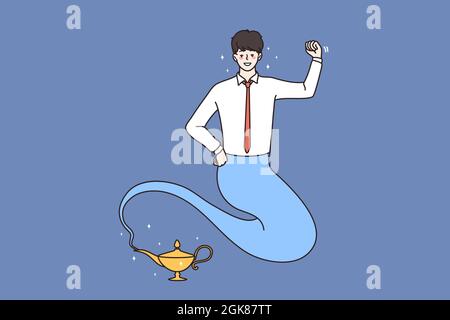 Fantasy genie, fairy wish concept. Businessman funny character in clouds from smoke living in golden lamp flying in action showing power vector illustration  Stock Vector