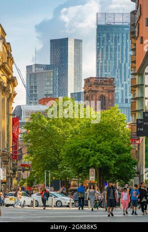 View of St. Ann's Church and buildings on Exchange Street, Manchester, Lancashire, England, United Kingdom, Europe