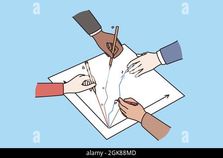 Business development, workshop and strategy concept. Hands of business people team charting drawing success arrows together vector illustration  Stock Vector