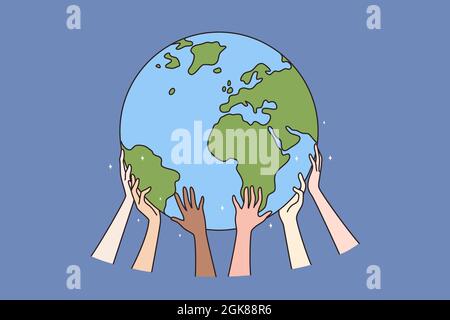 Happy Earth Day and ecology concept. Human hands holding protecting our earth planet saving it making everyday earth day vector illustration  Stock Vector