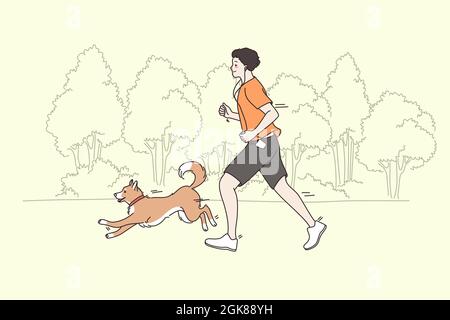 Spending time and sport with pets concept. Young smiling man running jogging in park with his dog running aside having fun and doing training together vector illustration  Stock Vector