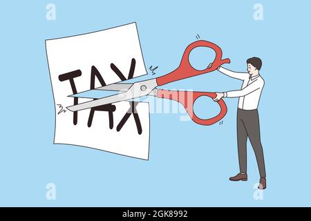 Lower and cutting tax concept. Businessman standing with scissors cutting tax written on white paper reducing making less vector illustration  Stock Vector
