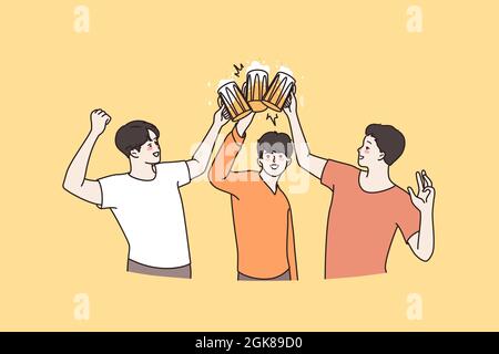 Pub and celebrating beer party concept. Three young smiling friends holding mugs of beer clinking celebrating holiday together vector illustration  Stock Vector