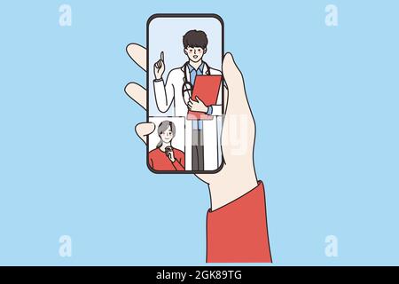 Online medicine and telehealth concept. Human hand holding smartphone with online smiling doctor and woman patient looking from screen vector illustration  Stock Vector