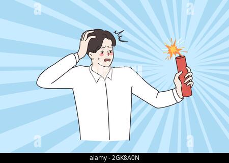 Business risks, challenge, stress concept. Young stressed frustrated Businessman standing feeling worried for imminent explosion vector illustration  Stock Vector