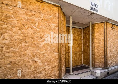 Boarded-up shop, La Chatre, Indre (36), France. Stock Photo