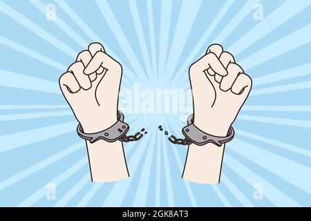 Protest, human rights and fetters concept. Human Raised protest arms fist breaking chains of fetters raising high up knuckles vector illustration  Stock Vector