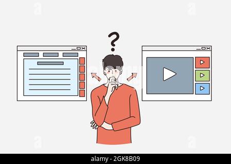 Distance education and making choice concept. Young frustrated man standing thinking choosing between Digital online select education on the via mobile application or video in internet  Stock Vector
