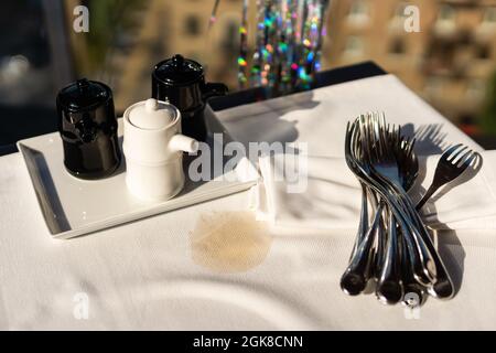 coffee stain on the tablecloth. Stock Photo