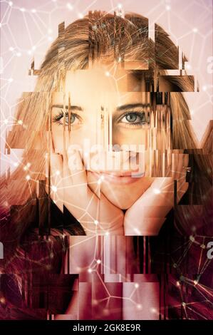 woman portrait with glitches and fragmented, shattered self esteem and identity crisis concept Stock Photo