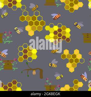 pattern with bee, honeycomb, clover flowers Stock Vector