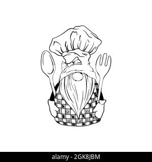 Gnome cook chef, dwarf chief in kitchen hat toque Stock Vector