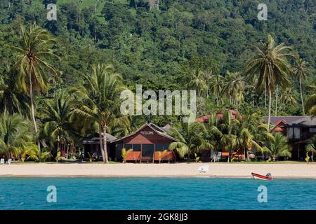 Cottages surrounded by lush exotic plants on sandy beach washed by blue sea at resort of Malaysia