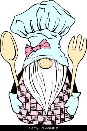 Cartoon Gnome Character, nursery pastel colored vector illustration cook chef, dwarf chief in kitchen hat toque Stock Vector