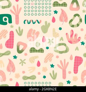 Abstract shapes seamless pattern. Hand drawn trendy doodles. Repeating vector elements for design. Stock Vector