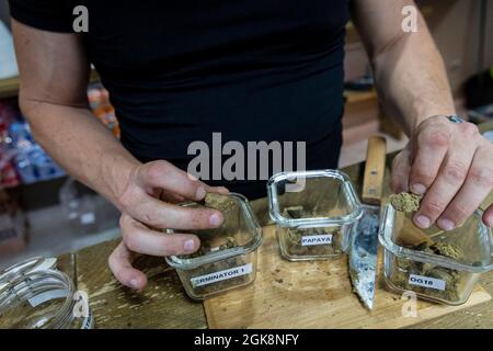 Crop anonymous male demonstrating dried cannabis buds above glass containers on chopping board in room Stock Photo