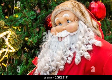 Bright colorful Santa Claus doll in red costume with long white beard on green fir tree branches background. Christmas and New Year holidays tradition Stock Photo