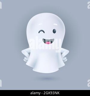 Smiling and winking ghost with hands on the sides pose. Friendly phantom icon. Happy Halloween 3D character. Vector illustration of cute soul in a whi Stock Vector